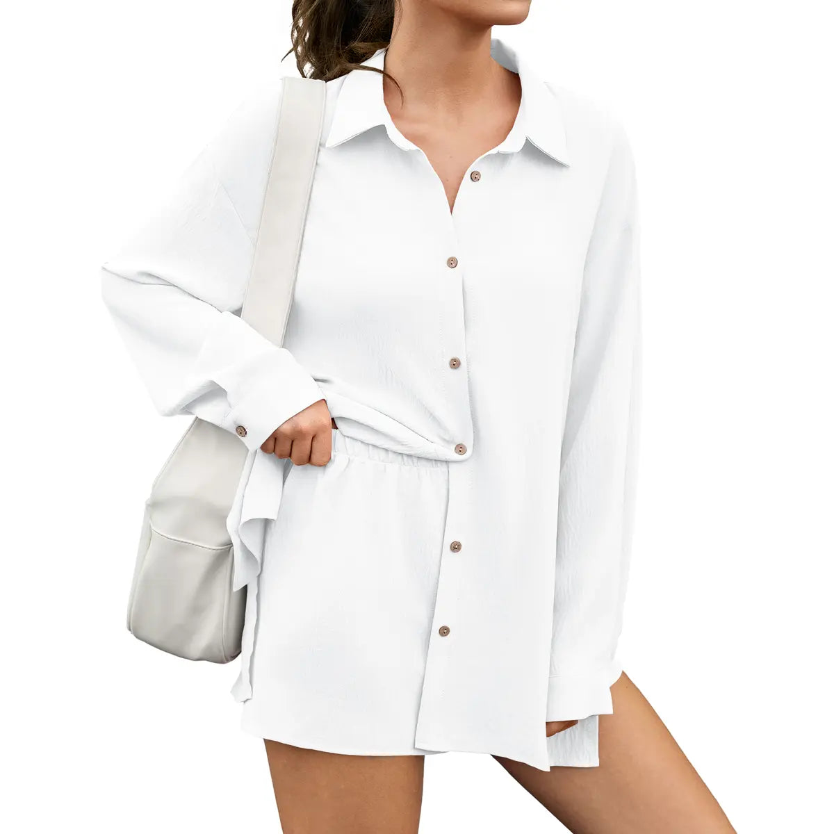 LilyCurve Gauze Shirt & Shorts 2-in-1 Button Connected Set - White