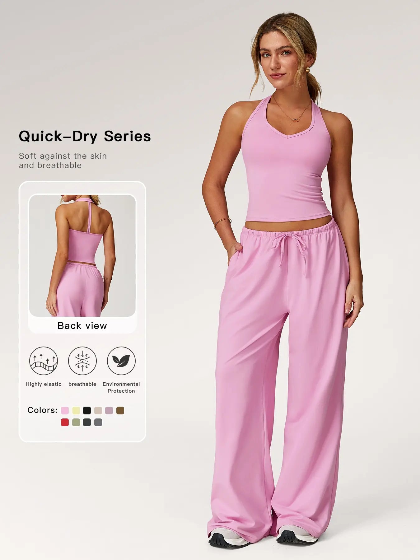 LilyCurve Halter Neck Top & Wide Leg Pants Sports Set - Coral Pink
