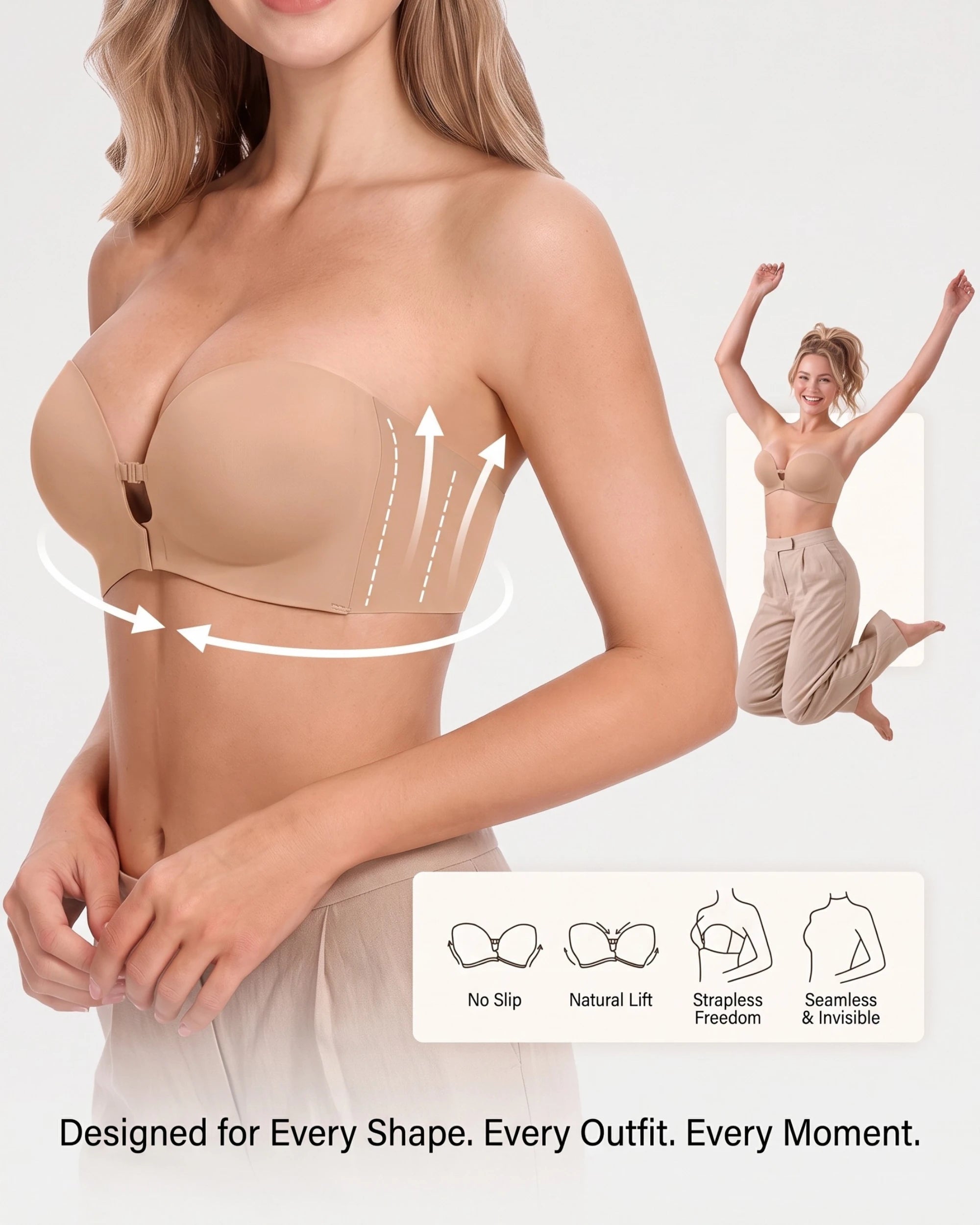 Front-Closure Wireless Padded Strapless Bra