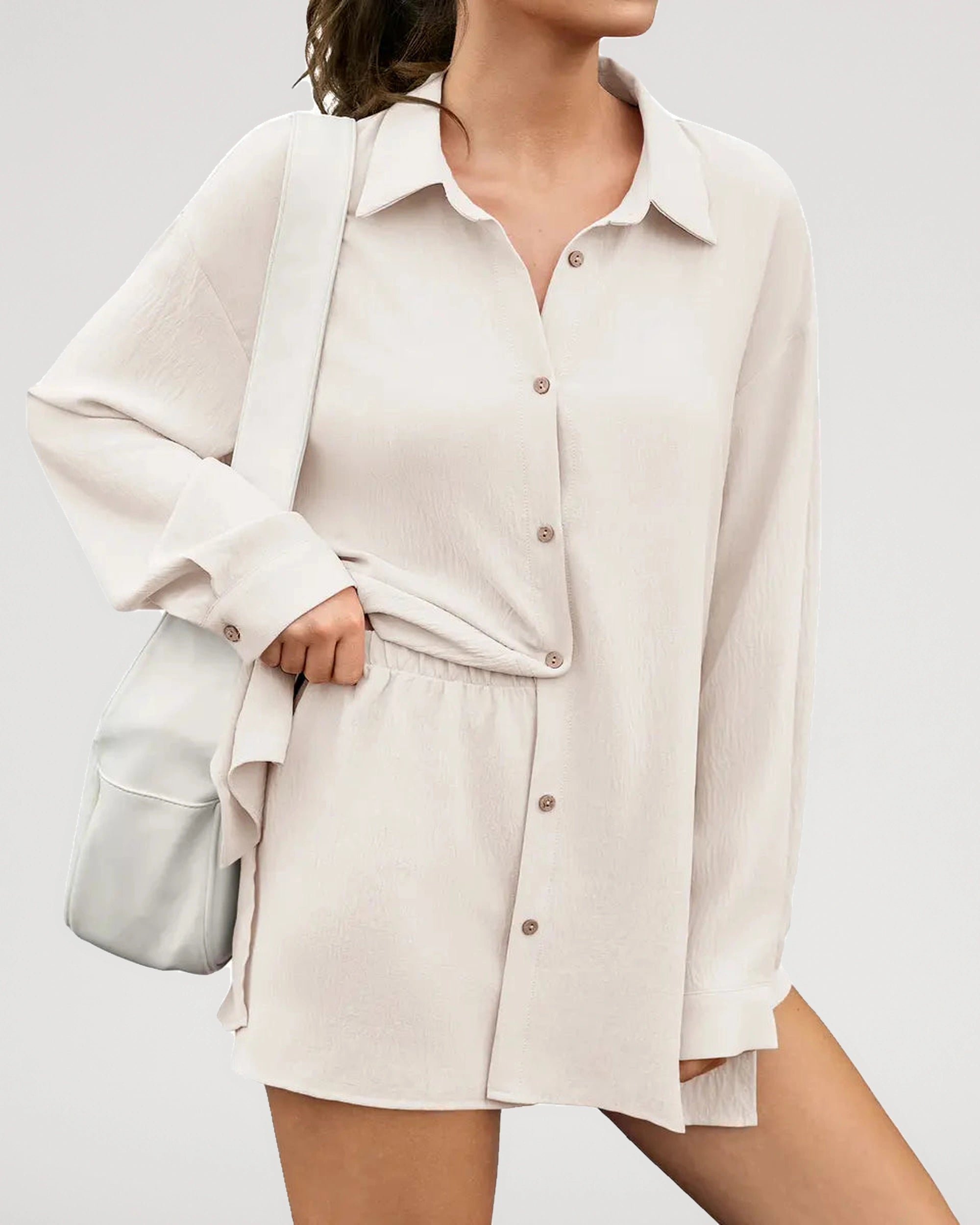 Front fit view of the Textured Oversized Button Down Shirt And Shorts Set | LilyCurve