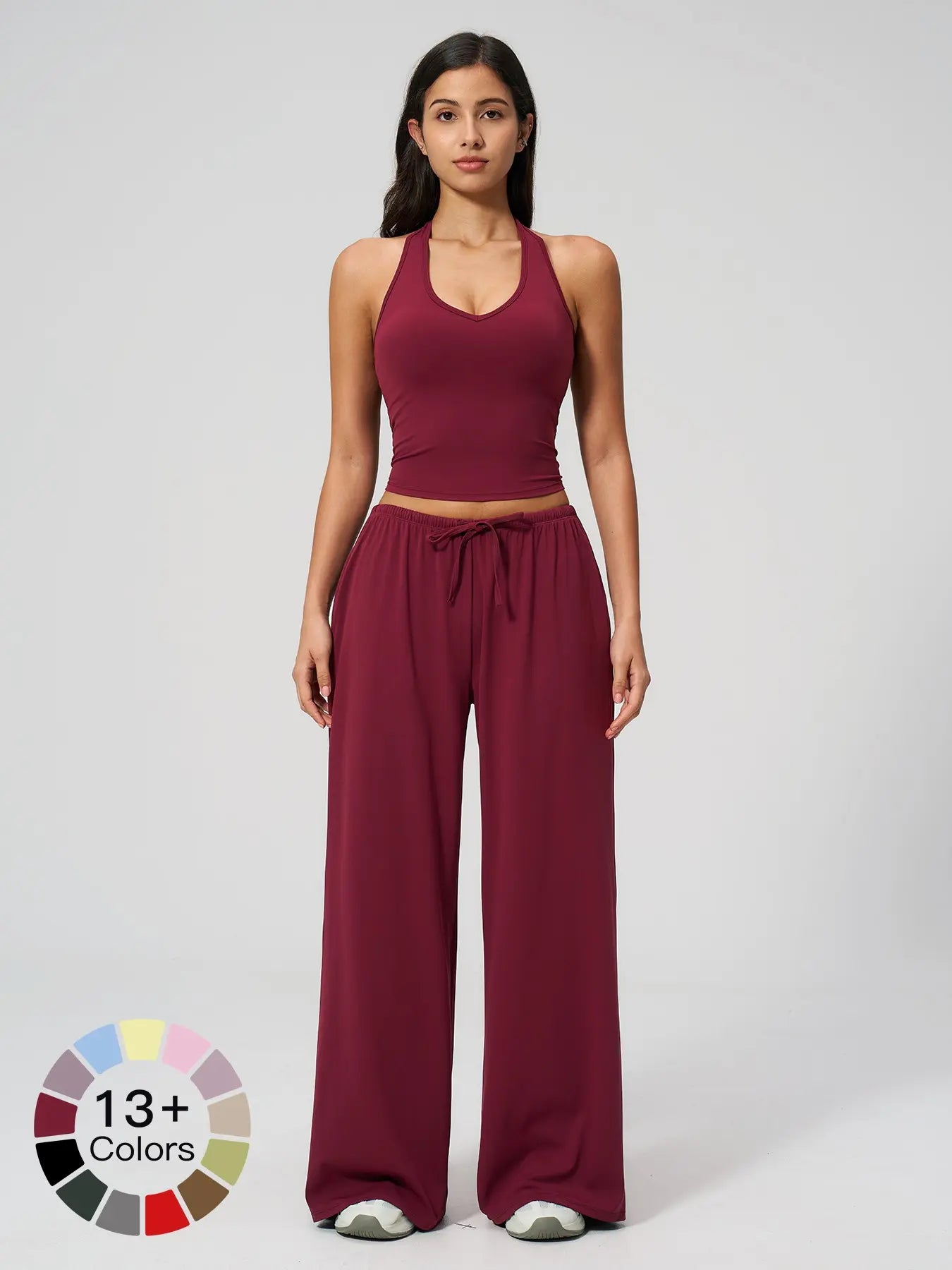 LilyCurve Halter Neck Top & Wide Leg Pants Sports Set - Jet Black