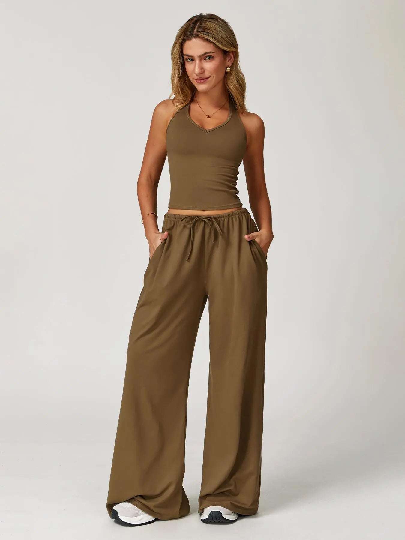 LilyCurve Halter Neck Top & Wide Leg Pants Sports Set - Coral Pink
