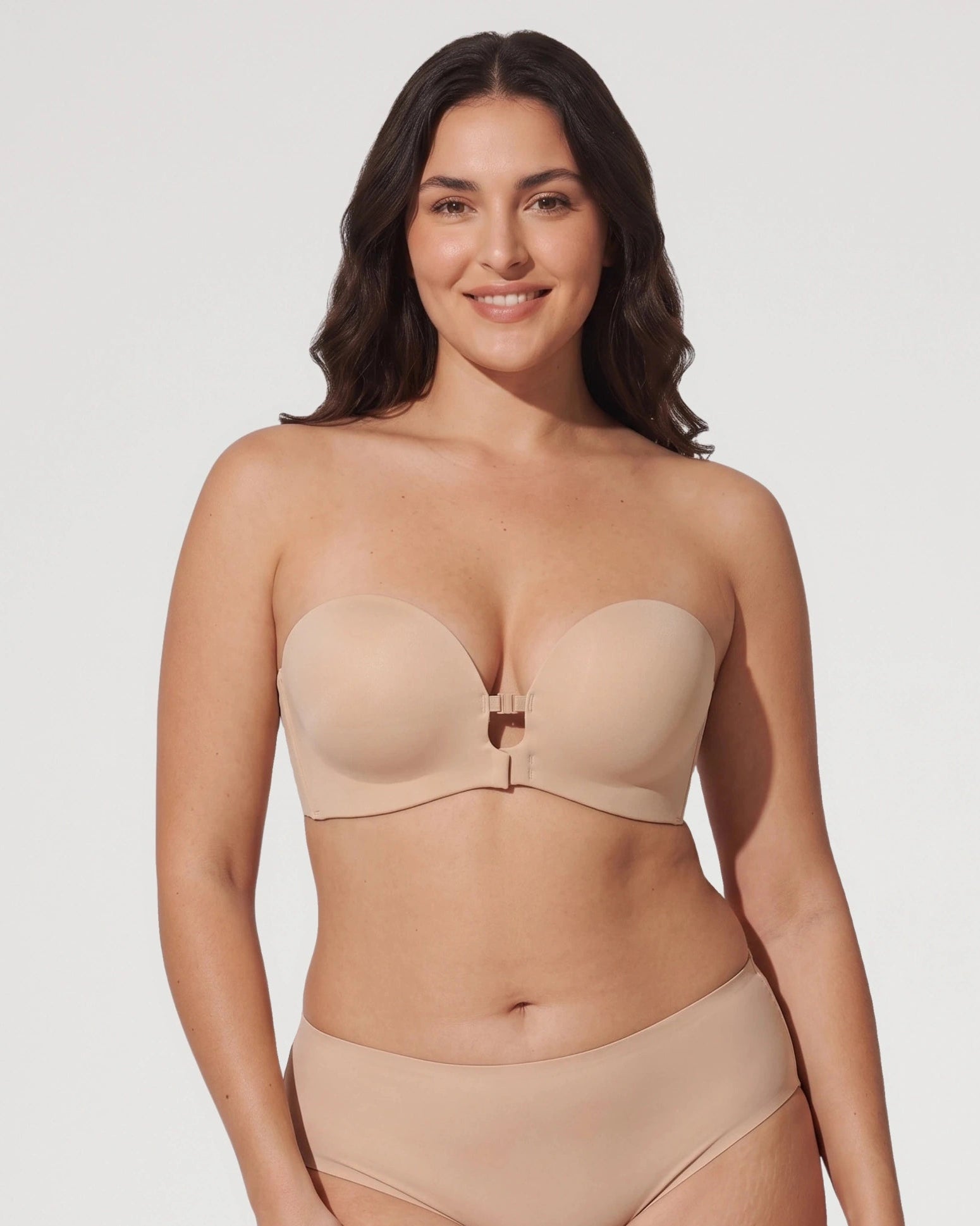 Front fit view of the Front Closure Wireless Padded Strapless Bra | LilyCurve