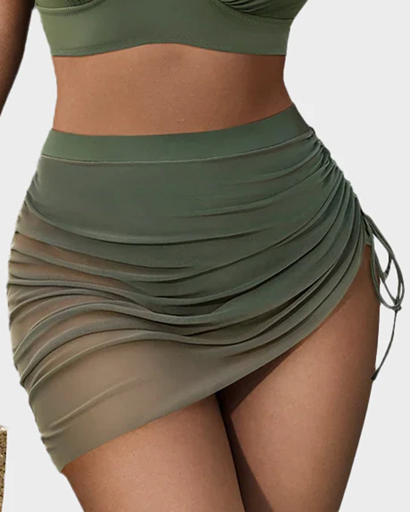 LilyCurve Mesh High Waisted Tummy Control Sarong Wraps Bikini Set in BL