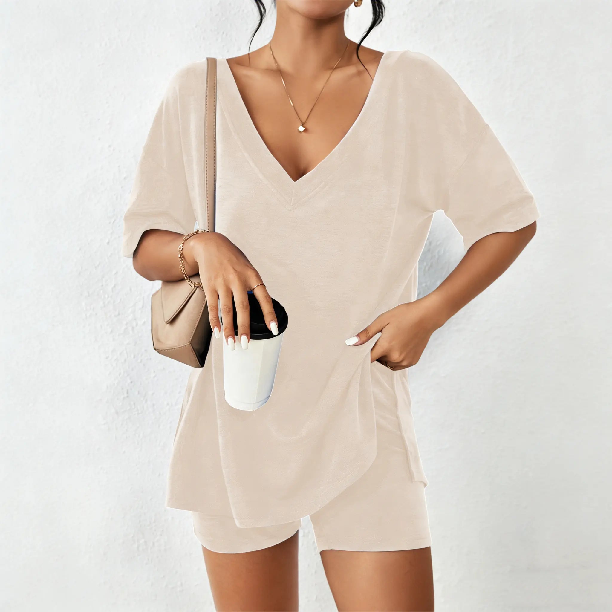 LilyCurve V-Neck Two-Piece Pajama Set - Oversized Split Hem Shirt & Biker Shorts - Champagne - View 2