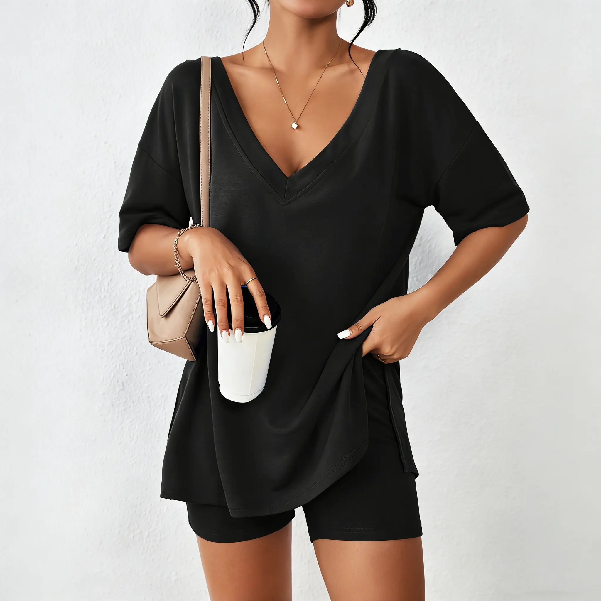LilyCurve V-Neck Two-Piece Pajama Set - Oversized Split Hem Shirt & Biker Shorts - Black - View 1