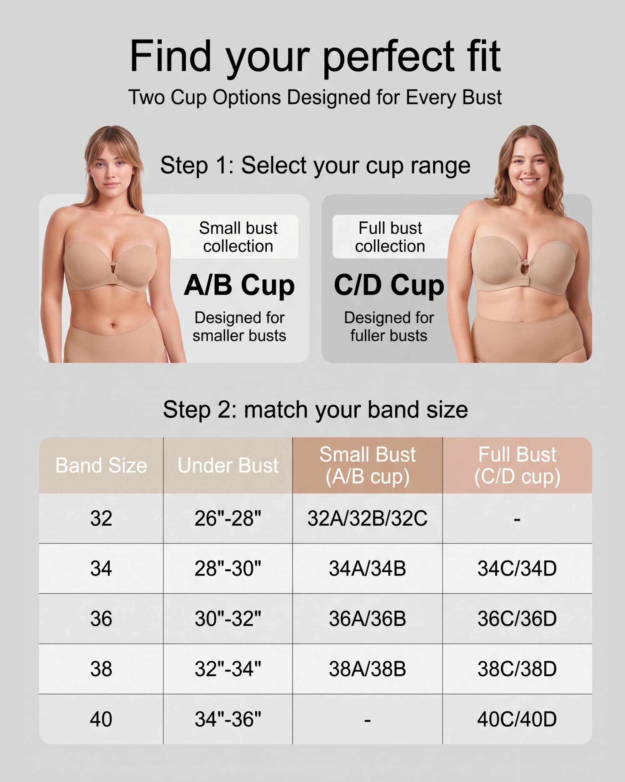 Soutien-gorge sans bretelles rembourré, sans armatures, à fermeture avant