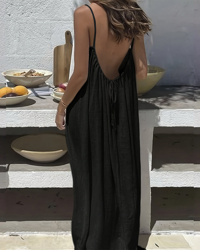 Women's Solid Color Backless Cami Dress - Black
