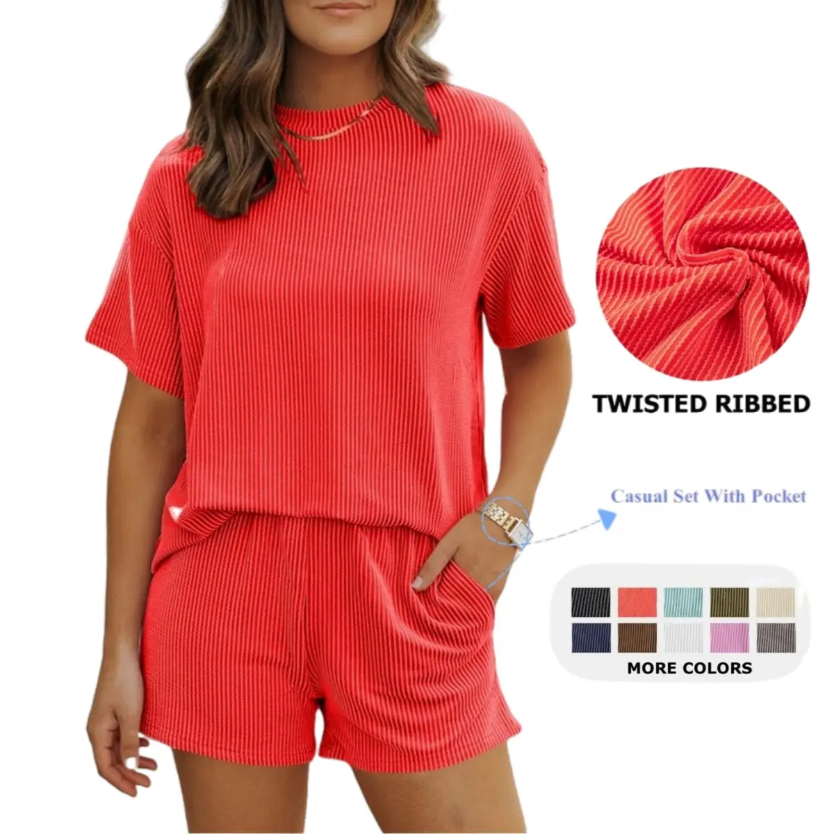 LilyCurve Twisted Thread 2-Piece Lounge Set - Short Sleeve Shirt & Shorts with Pockets - View 15
