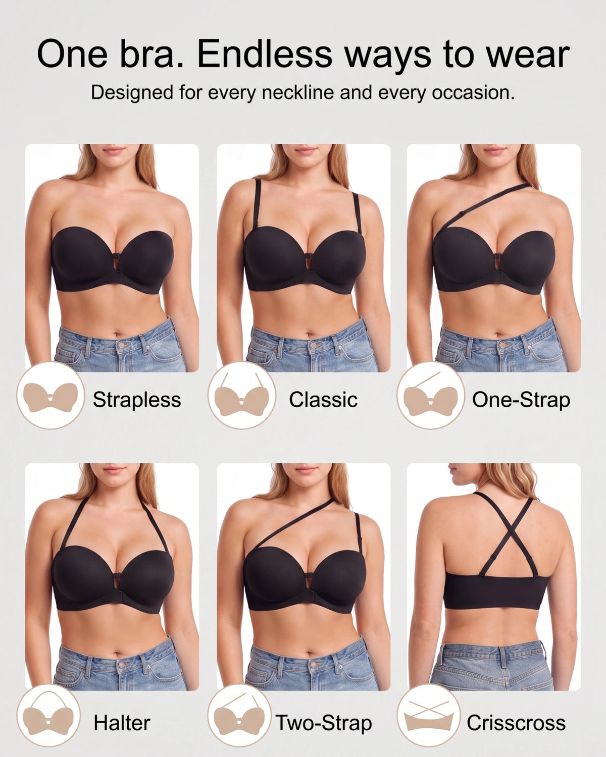 Soutien-gorge sans bretelles rembourré, sans armatures, à fermeture avant