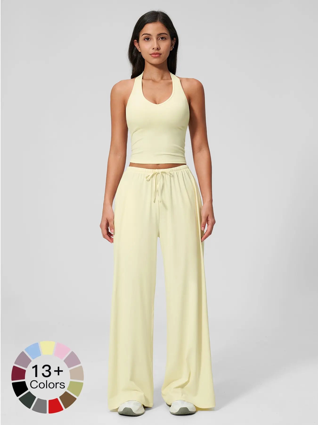 LilyCurve Halter Neck Top & Wide Leg Pants Sports Set - Jet Black