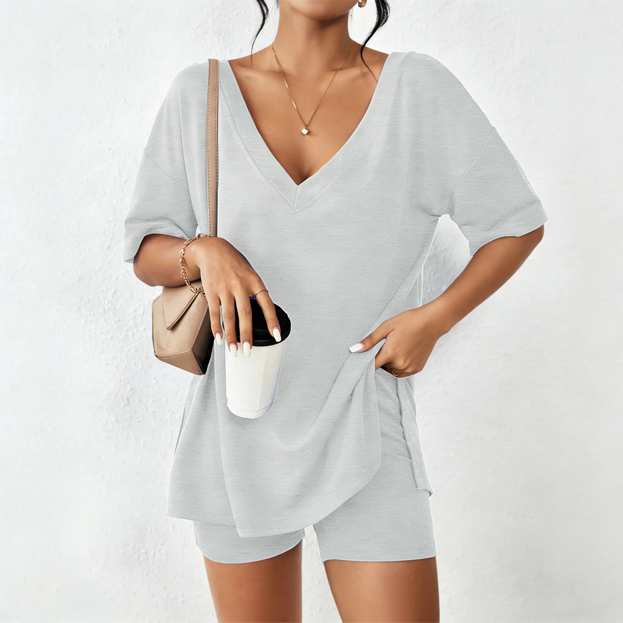 LilyCurve V-Neck Two-Piece Pajama Set - Oversized Split Hem Shirt & Biker Shorts - Light Grey - View 11