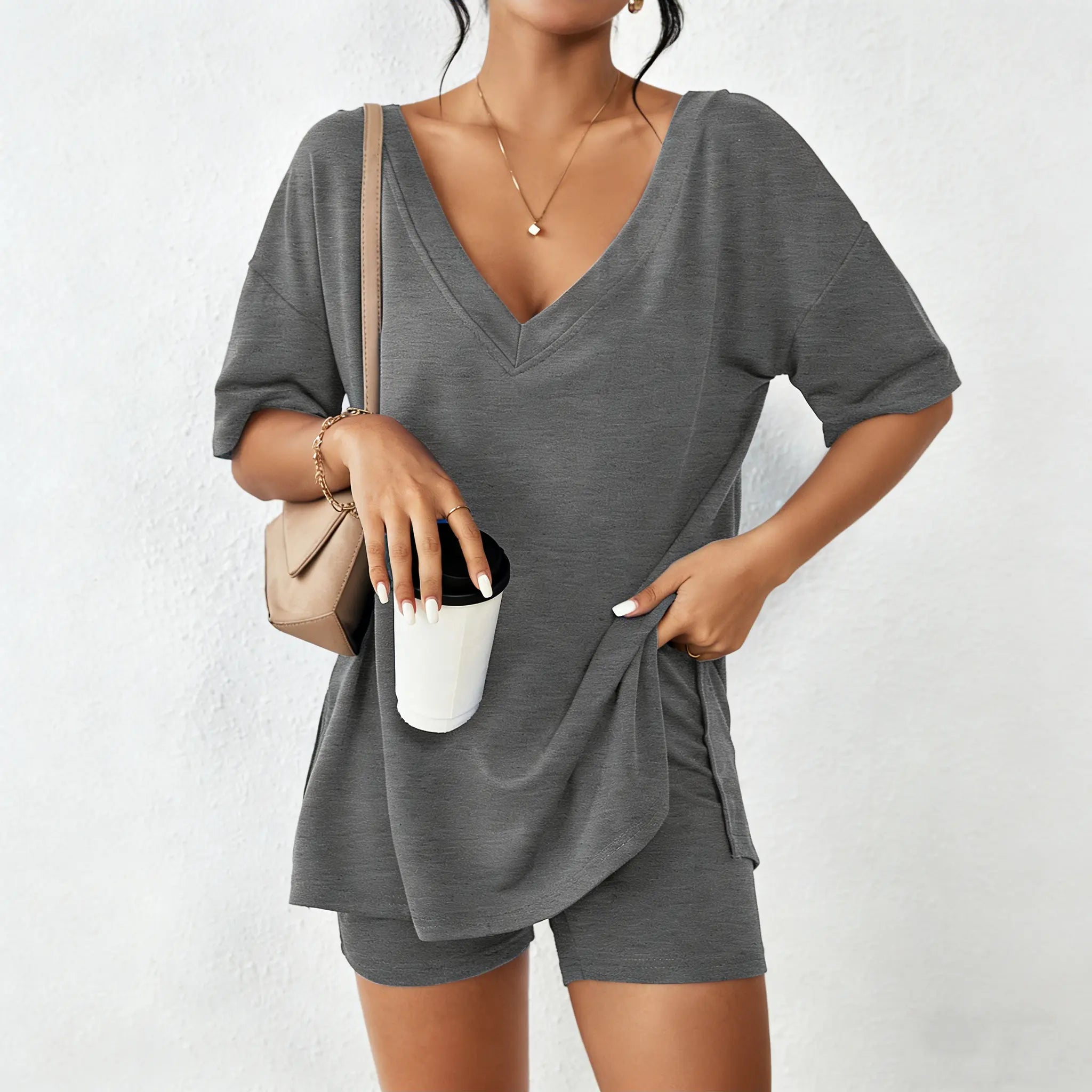 LilyCurve V-Neck Two-Piece Pajama Set - Oversized Split Hem Shirt & Biker Shorts - Dark Grey - View 7