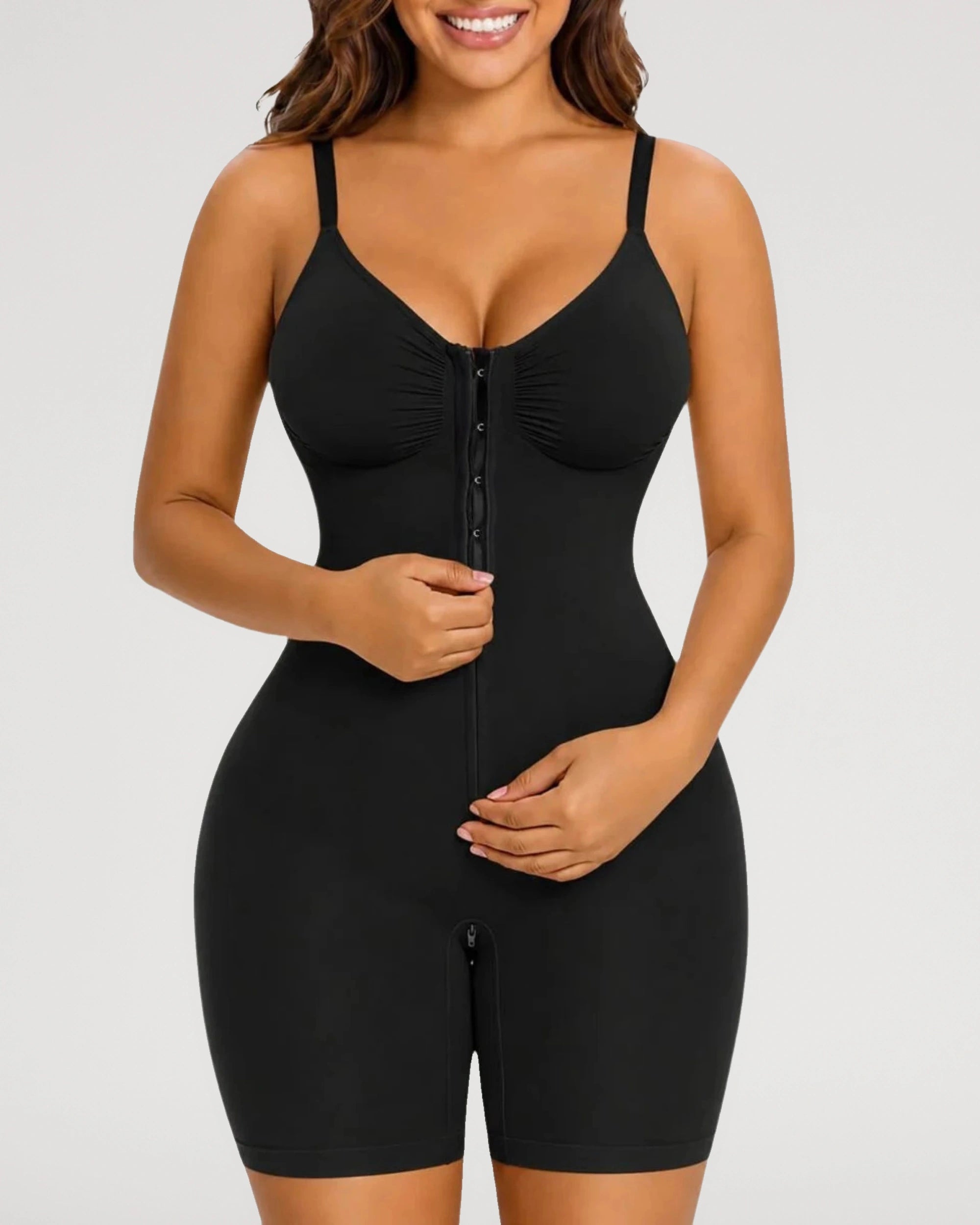 Studio fit image for the Seamless Zip Front Mid Thigh Shapewear Bodysuit | LilyCurve