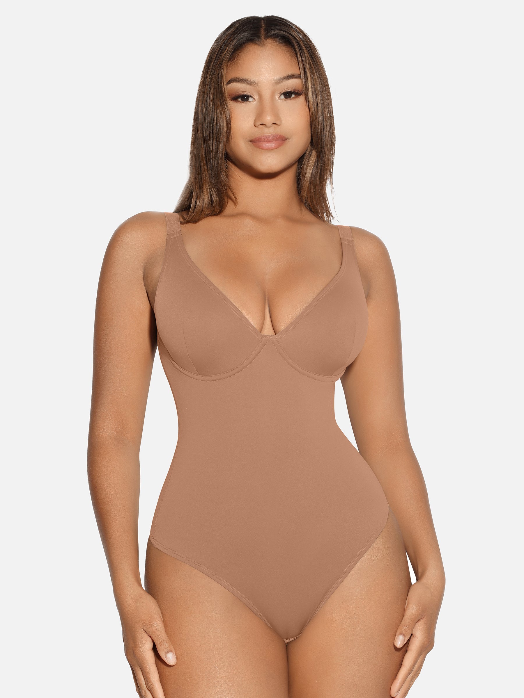 V-Neck Tummy Control Sculpt Bodysuit - V-neck Thong - Butter Cream - View 42