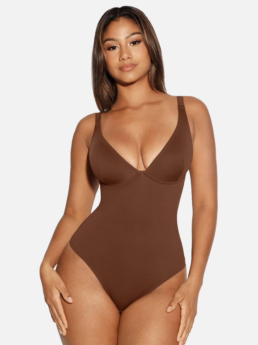 V-Neck Tummy Control Sculpt Bodysuit - V-neck Thong - White - View 12