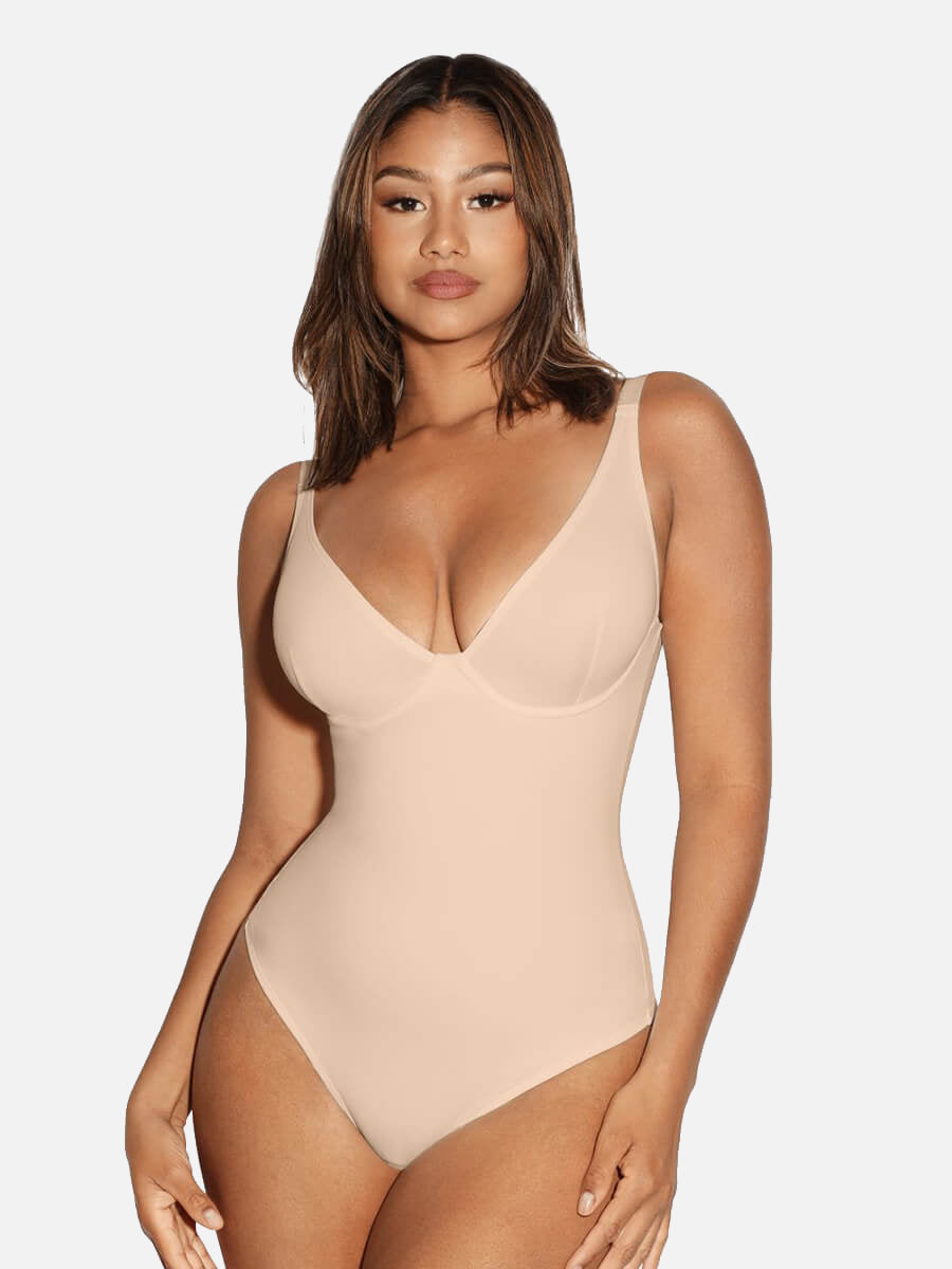 V-Neck Tummy Control Sculpt Bodysuit - V-neck Thong - Deep Brown - View 26
