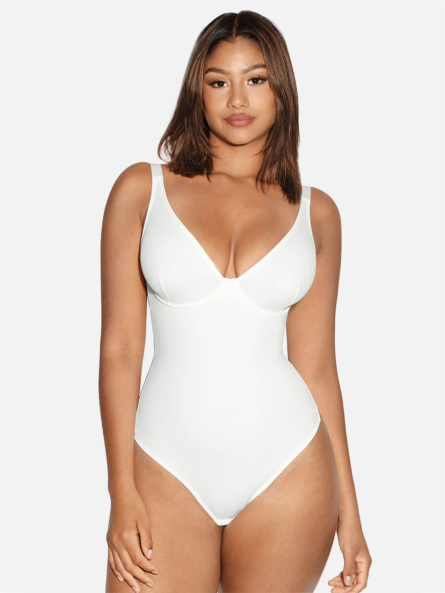 V-Neck Tummy Control Sculpt Bodysuit - V-neck Thong - Black - View 1