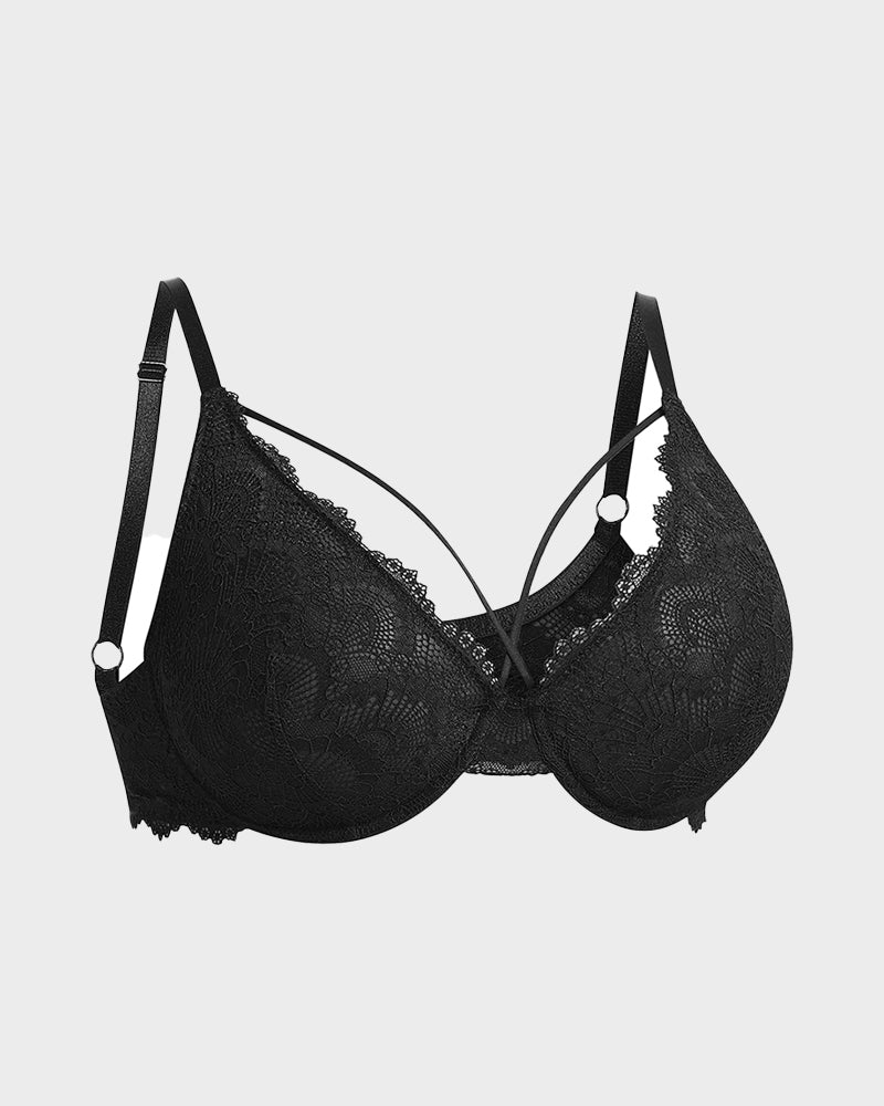 LilyCurve Non-Padded Lace Strappy Push-Up Bra in BK
