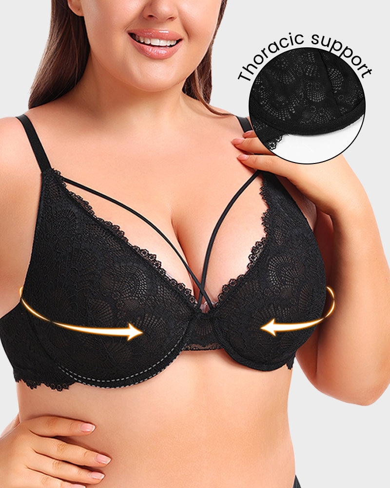 LilyCurve Non-Padded Lace Strappy Push-Up Bra in BK