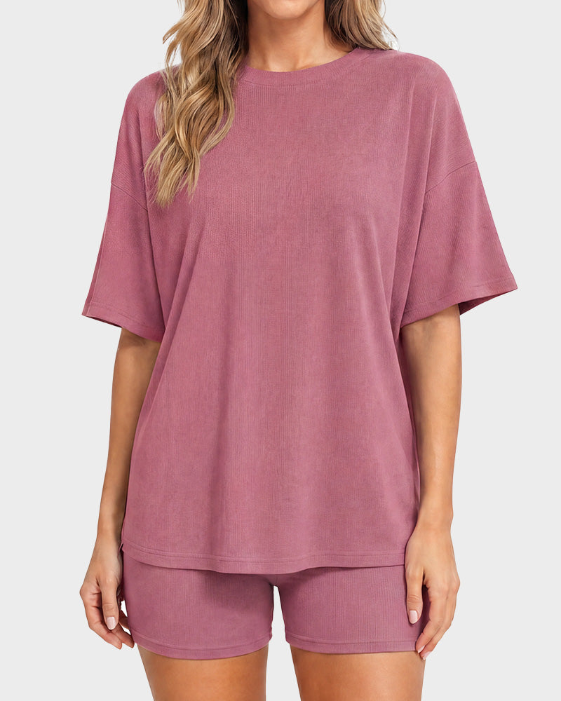 Casual Oversized 2-Piece Lounge Set - Rose Red
