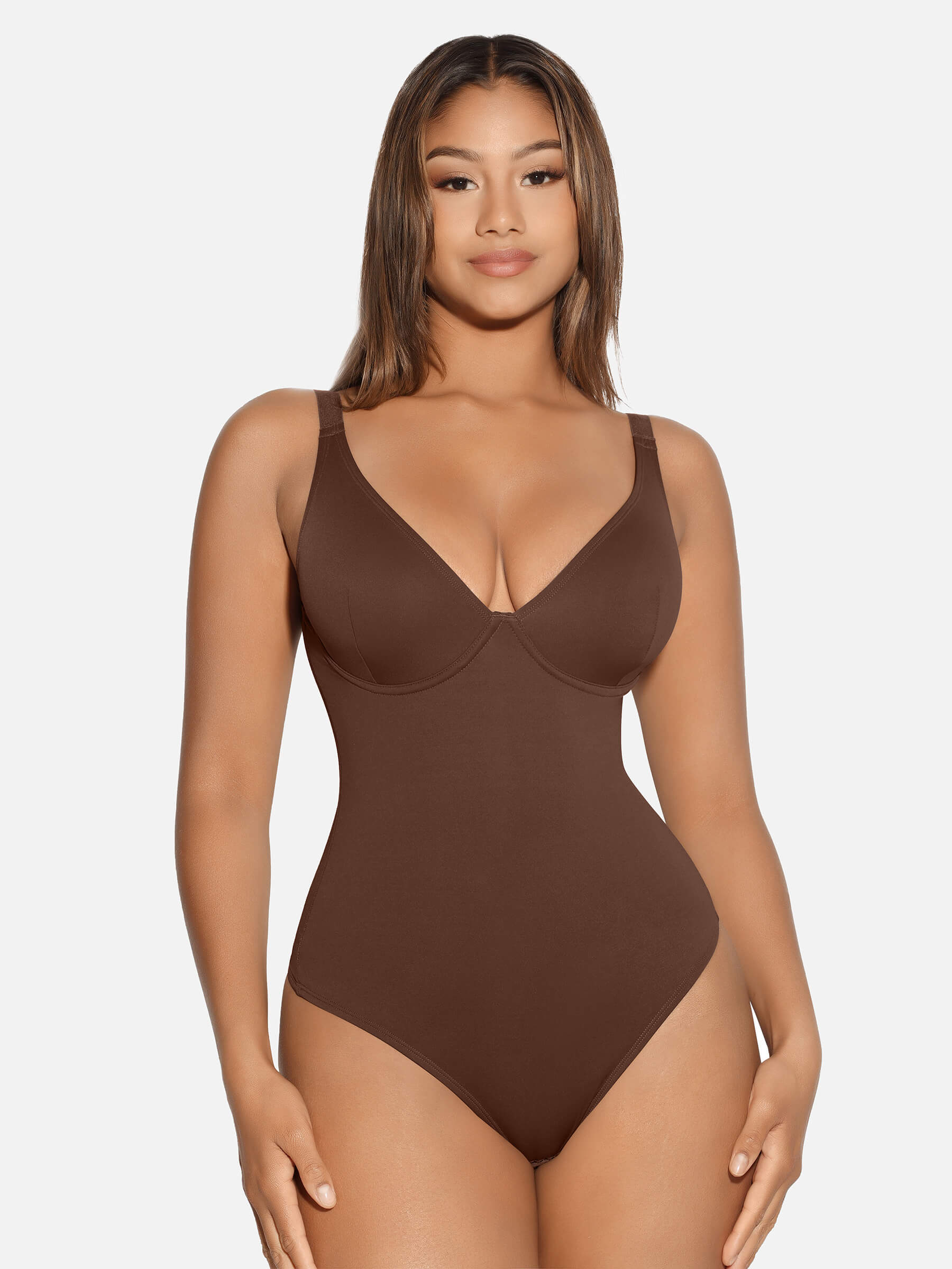 V-Neck Tummy Control Sculpt Bodysuit - V-neck Thong - Chestnut Brown - View 83