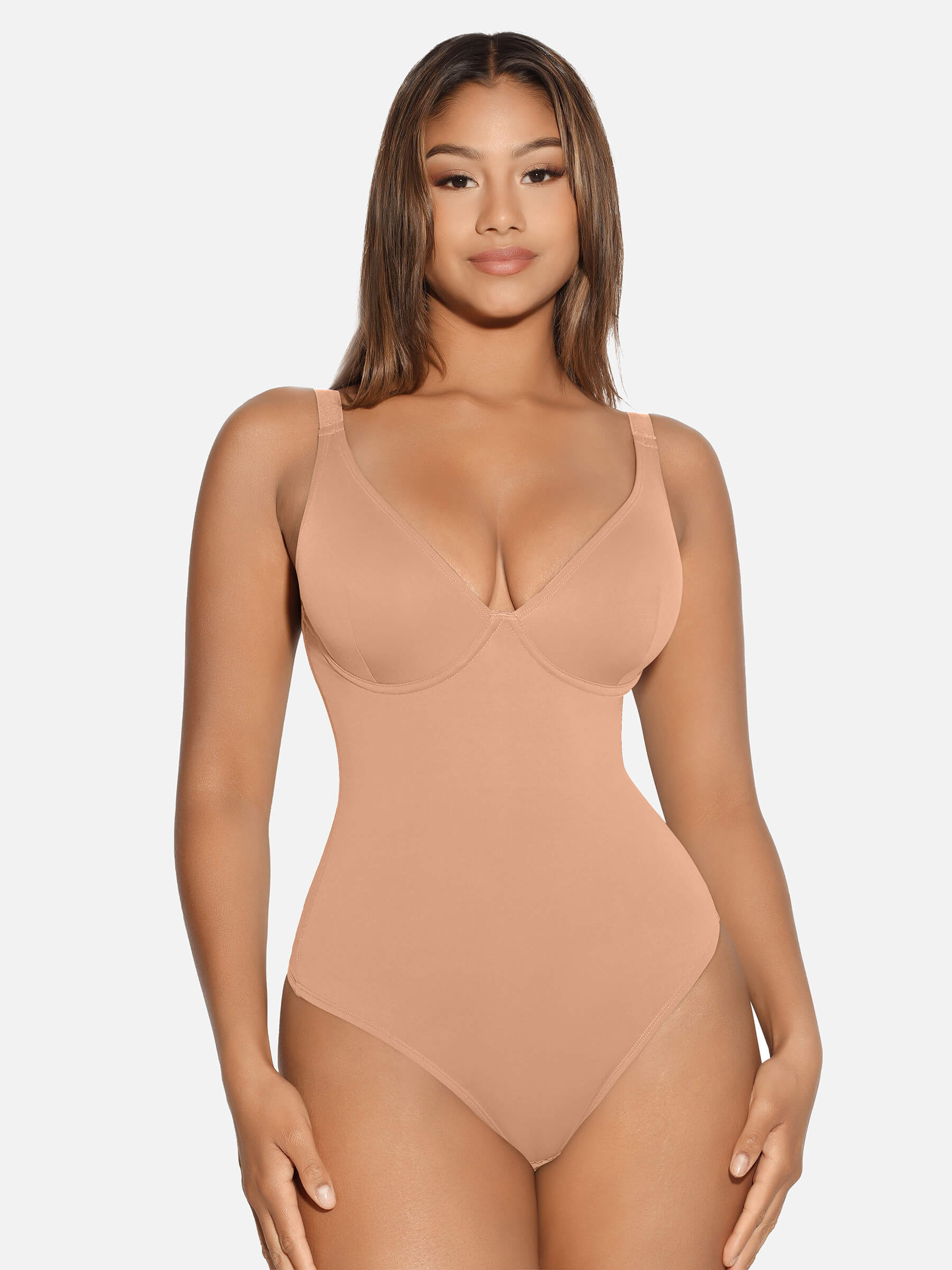 V-Neck Tummy Control Sculpt Bodysuit - V-neck Thong - Dark Brown - View 34