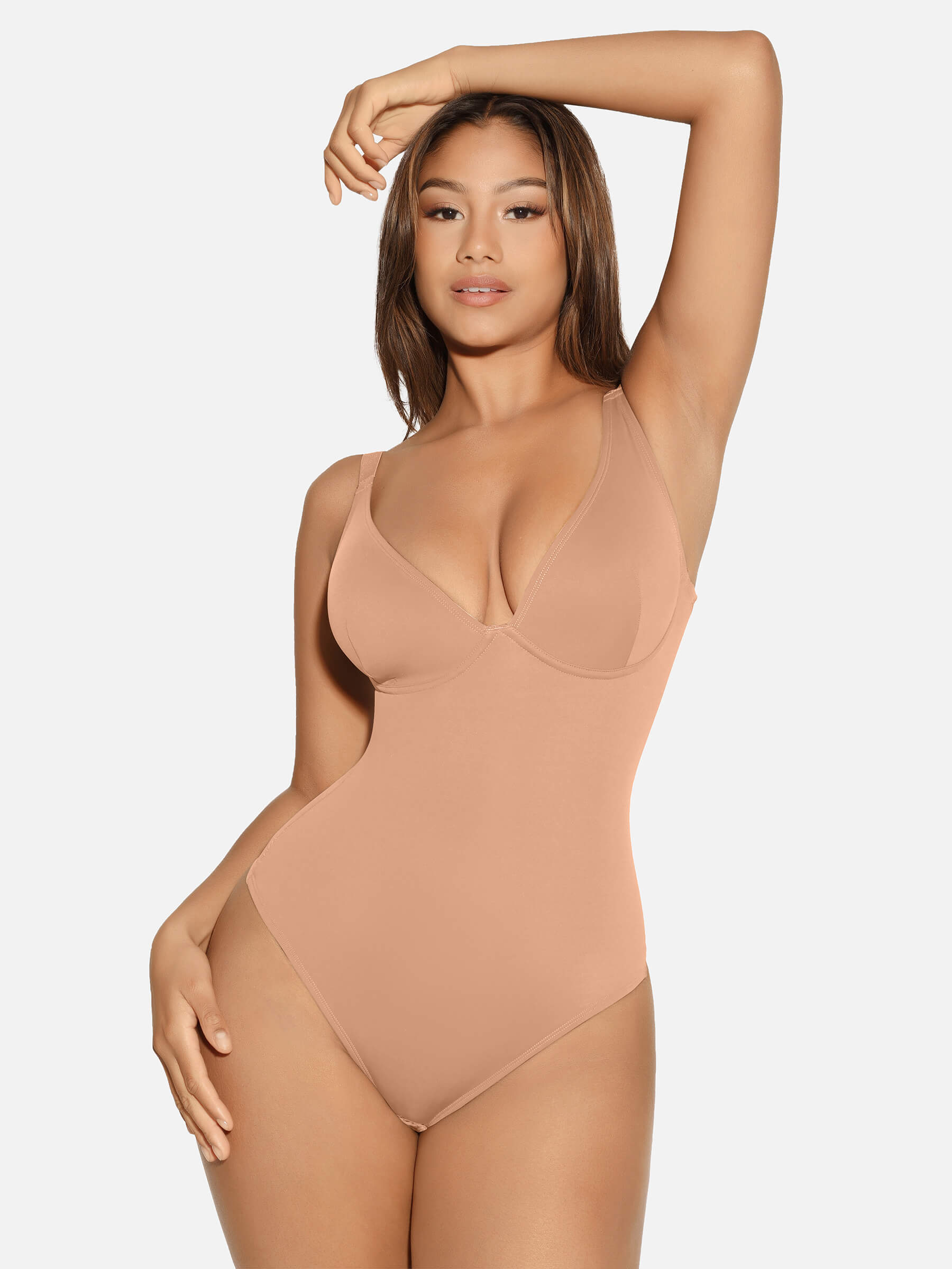 V-Neck Tummy Control Sculpt Bodysuit - V-neck Thong - Dark Brown - View 35
