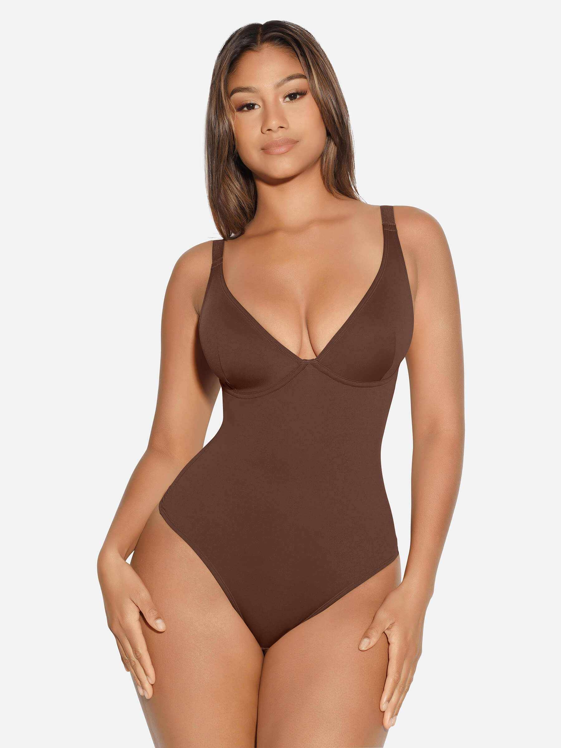 V-Neck Tummy Control Sculpt Bodysuit - V-neck Thong - Chestnut Brown - View 84