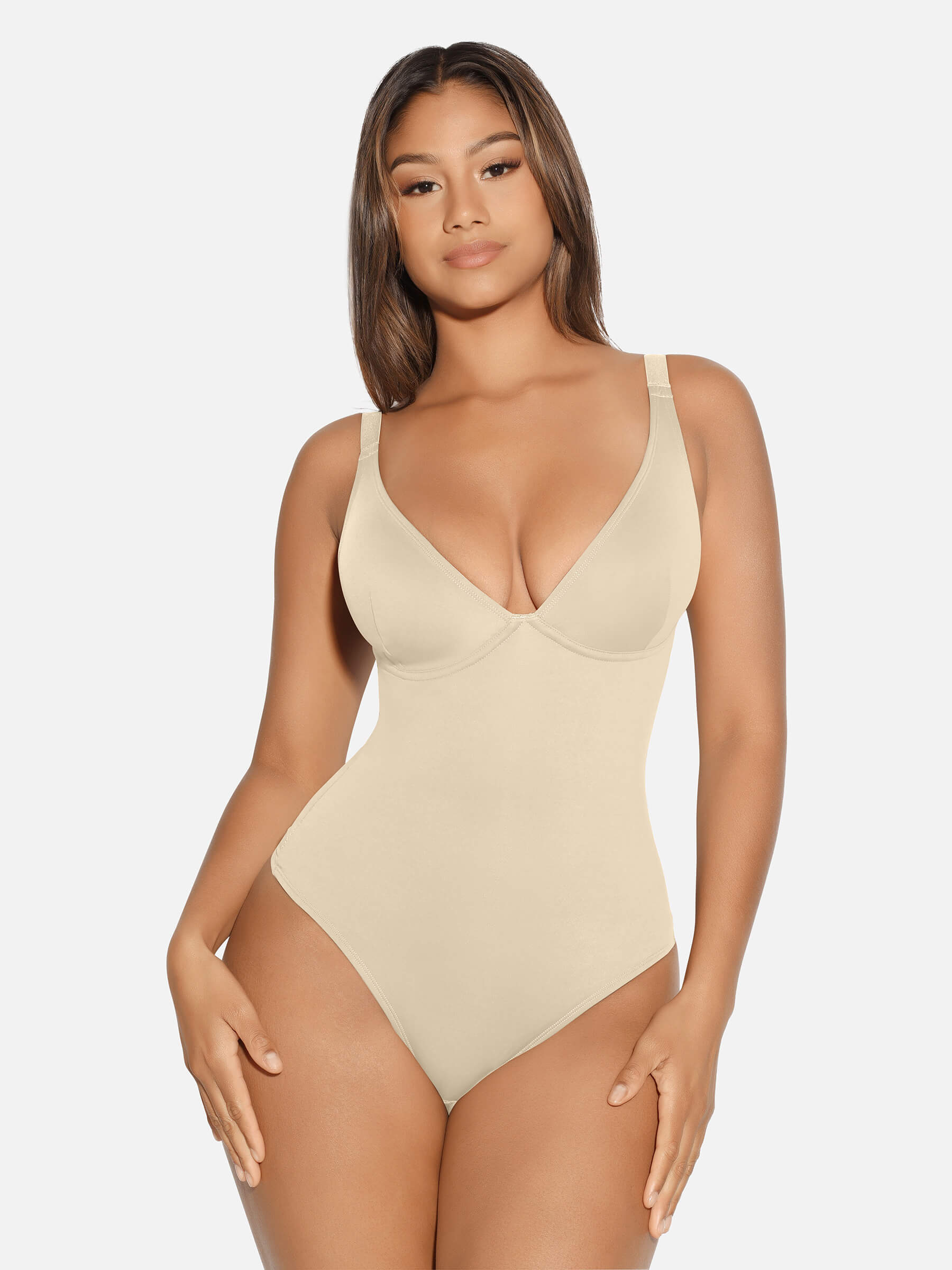 V-Neck Tummy Control Sculpt Bodysuit - V-neck Thong - Mocha Brown - View 73