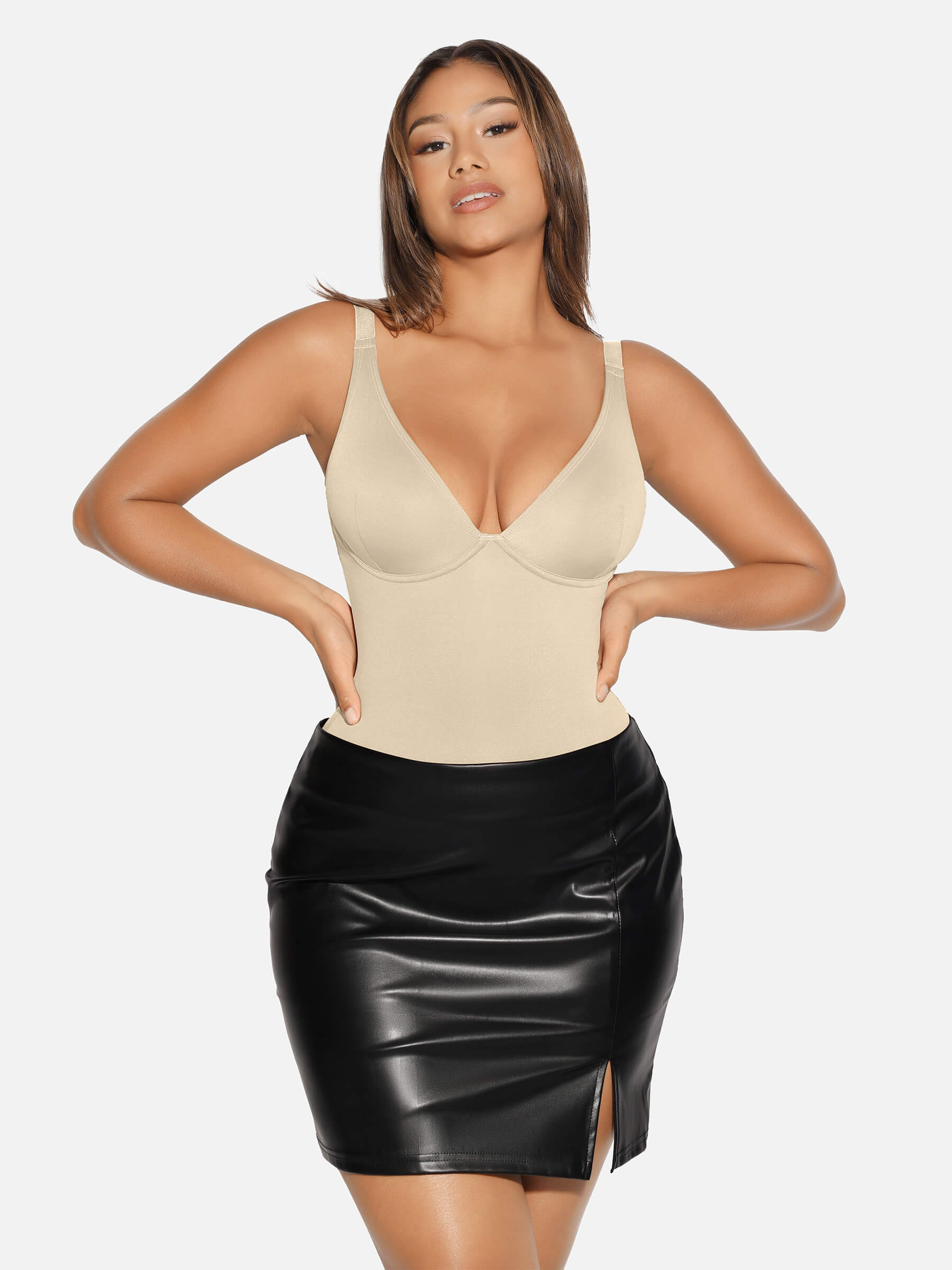 V-Neck Tummy Control Sculpt Bodysuit - V-neck Thong - Chestnut Brown - View 78