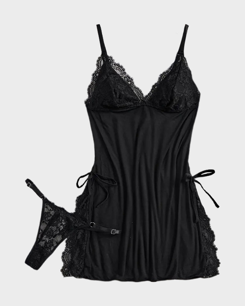 LilyCurve Flirty Sheer Lace Side Slit Babydoll Set in BK