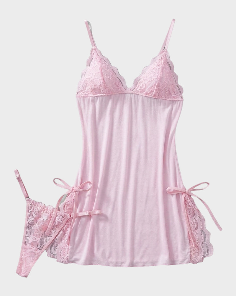 LilyCurve Flirty Sheer Lace Side Slit Babydoll Set in RD