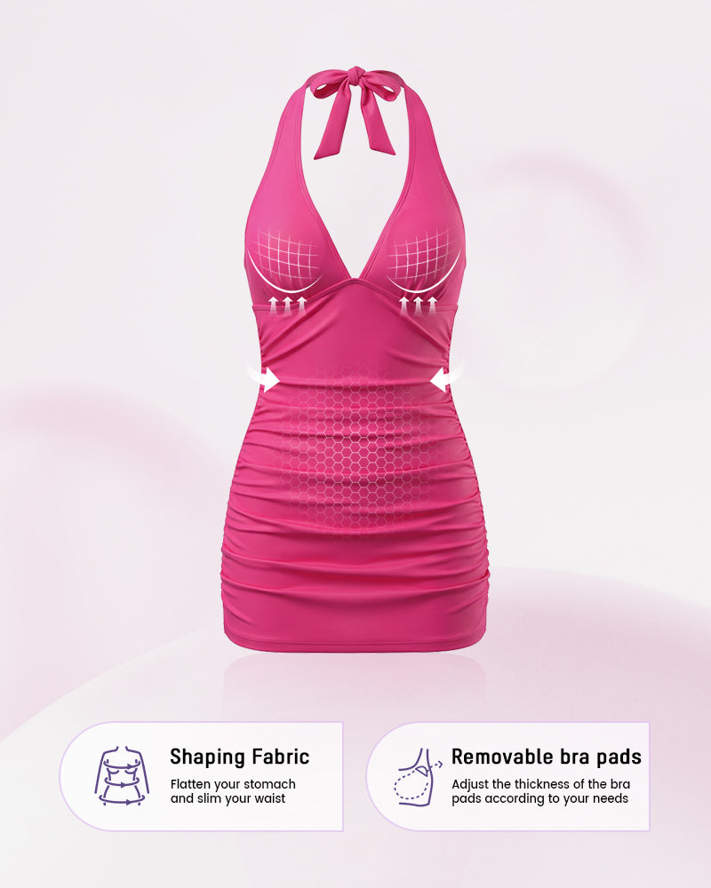 LilyCurve SculptFit BackStage Halter V-Neck Swim Dress in PK