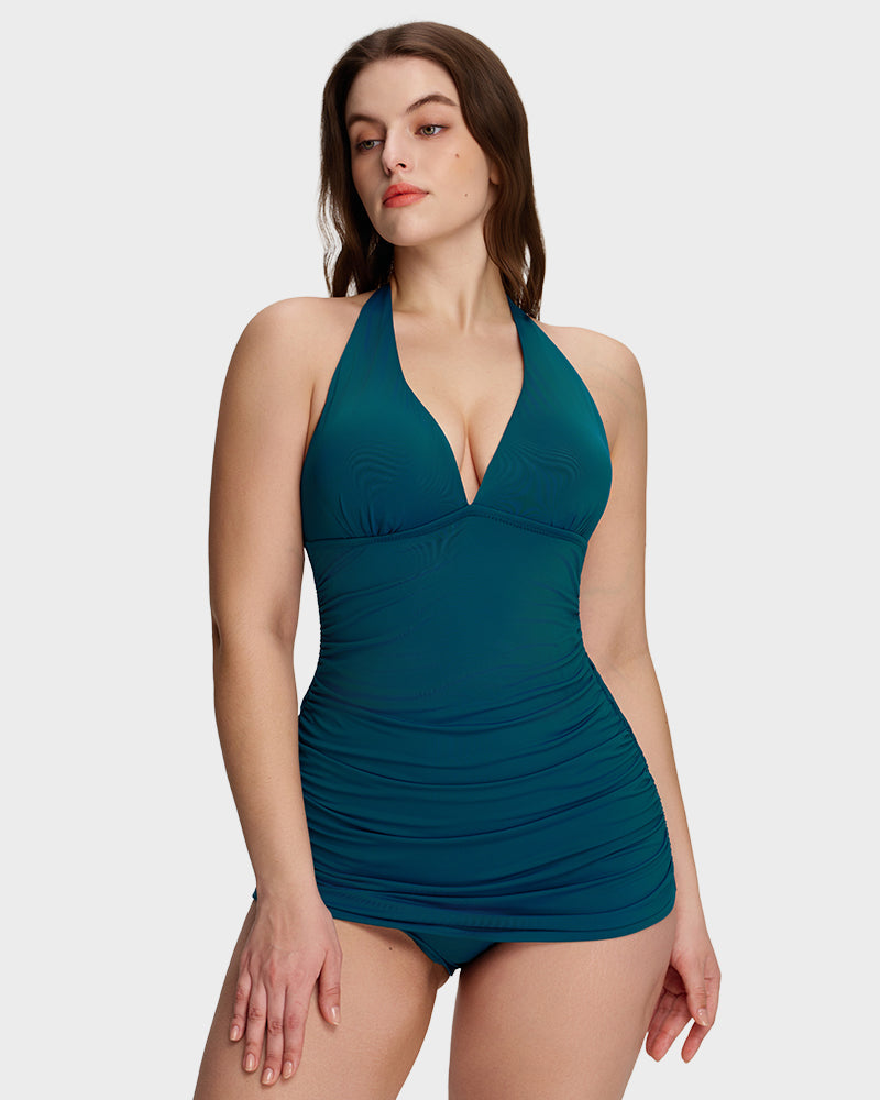 LilyCurve SculptFit BackStage Halter V-Neck Swim Dress in BK