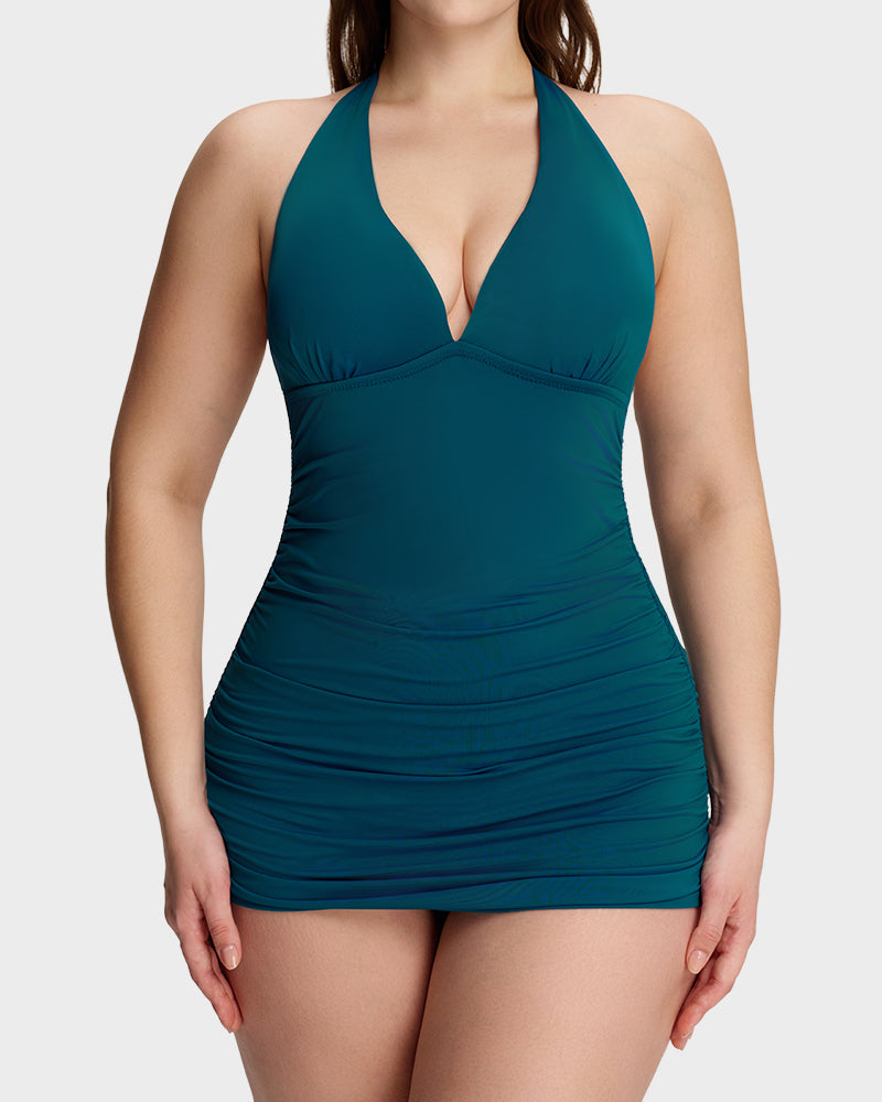LilyCurve SculptFit BackStage Halter V-Neck Swim Dress in PK