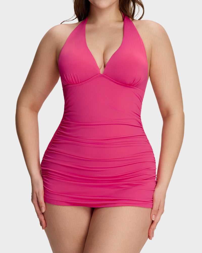 LilyCurve SculptFit BackStage Halter V-Neck Swim Dress in BL
