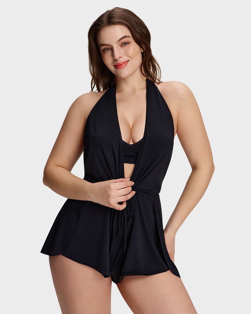 LilyCurve SculptFit AirLift Halter V-Neck Swim Romper in BK