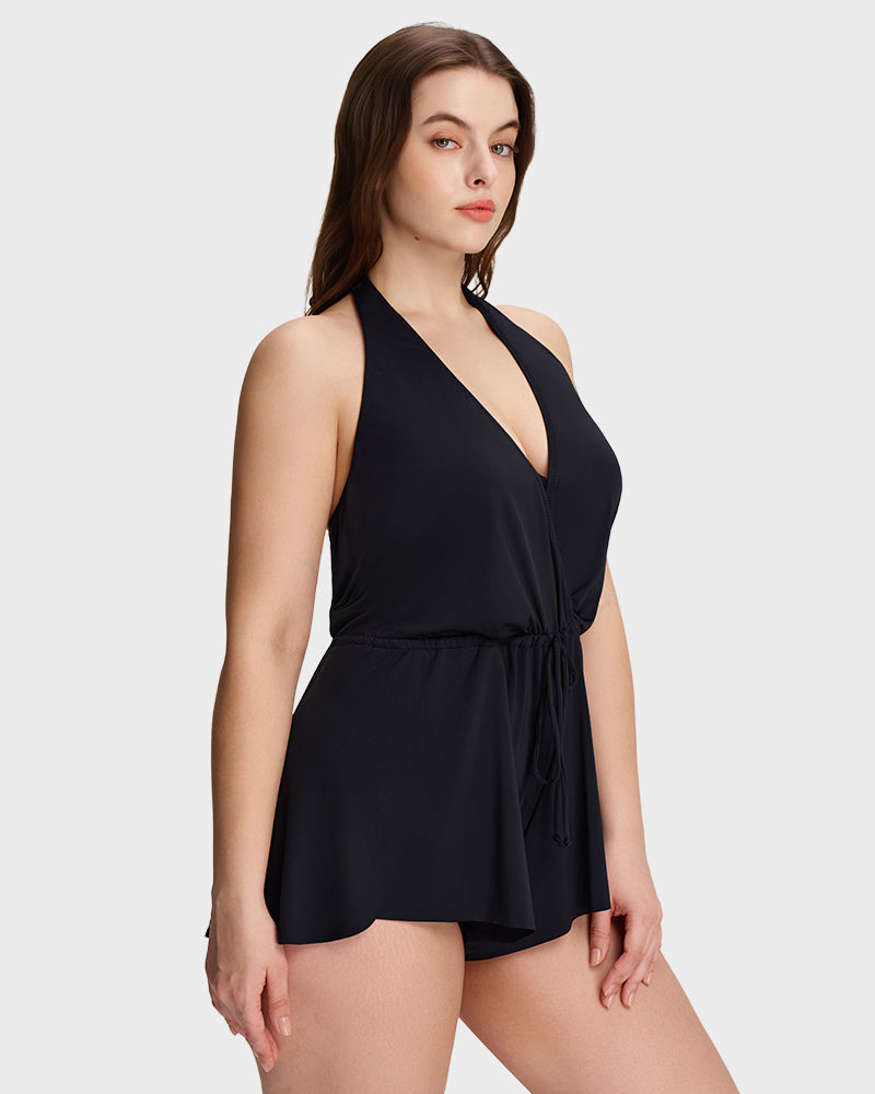 LilyCurve SculptFit AirLift Halter V-Neck Swim Romper in BK