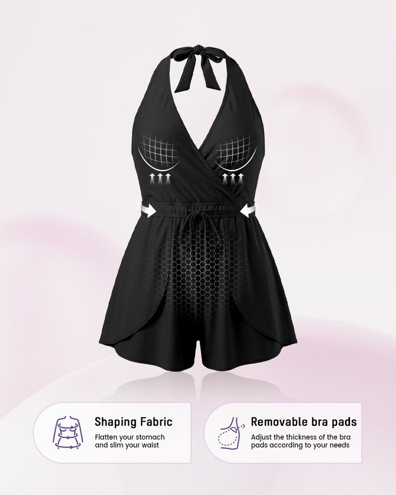 LilyCurve SculptFit AirLift Halter V-Neck Swim Romper in BL