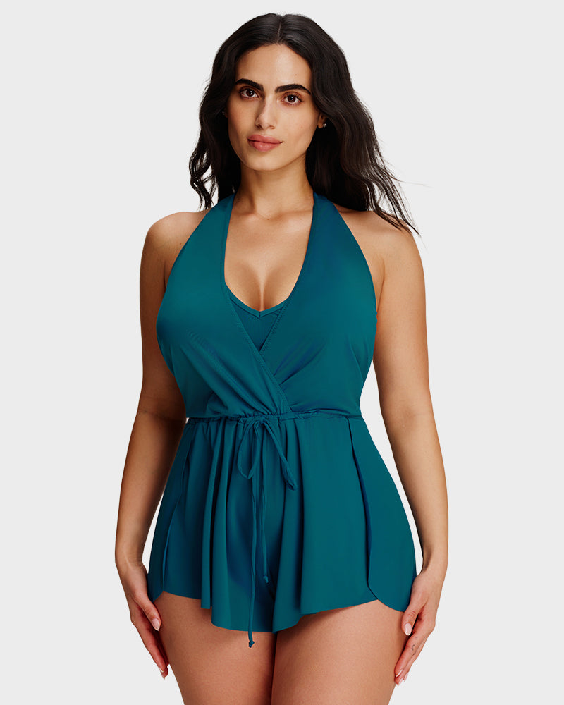 LilyCurve SculptFit AirLift Halter V-Neck Swim Romper in BL