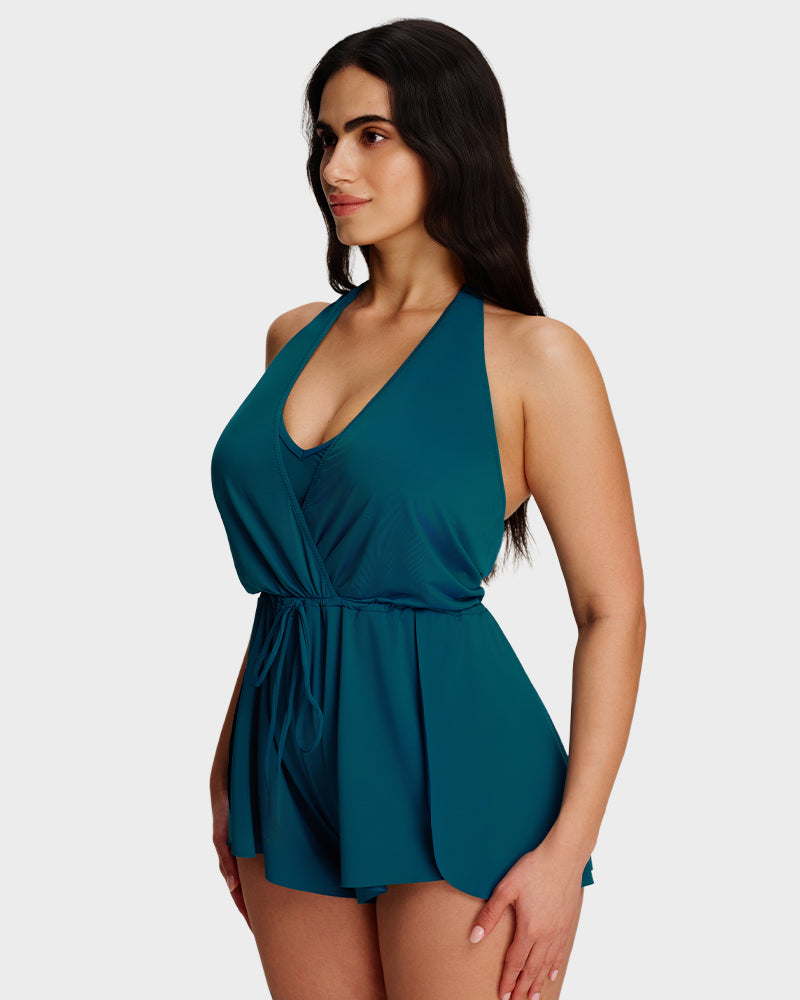 LilyCurve SculptFit AirLift Halter V-Neck Swim Romper in BL