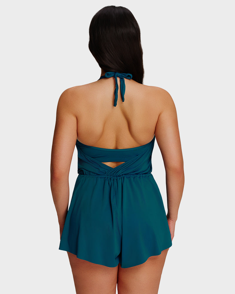 LilyCurve SculptFit AirLift Halter V-Neck Swim Romper in BK