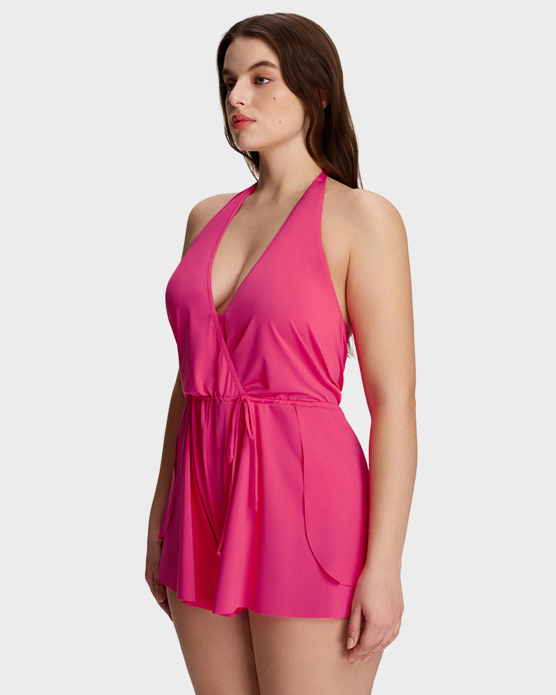 LilyCurve SculptFit AirLift Halter V-Neck Swim Romper in BK