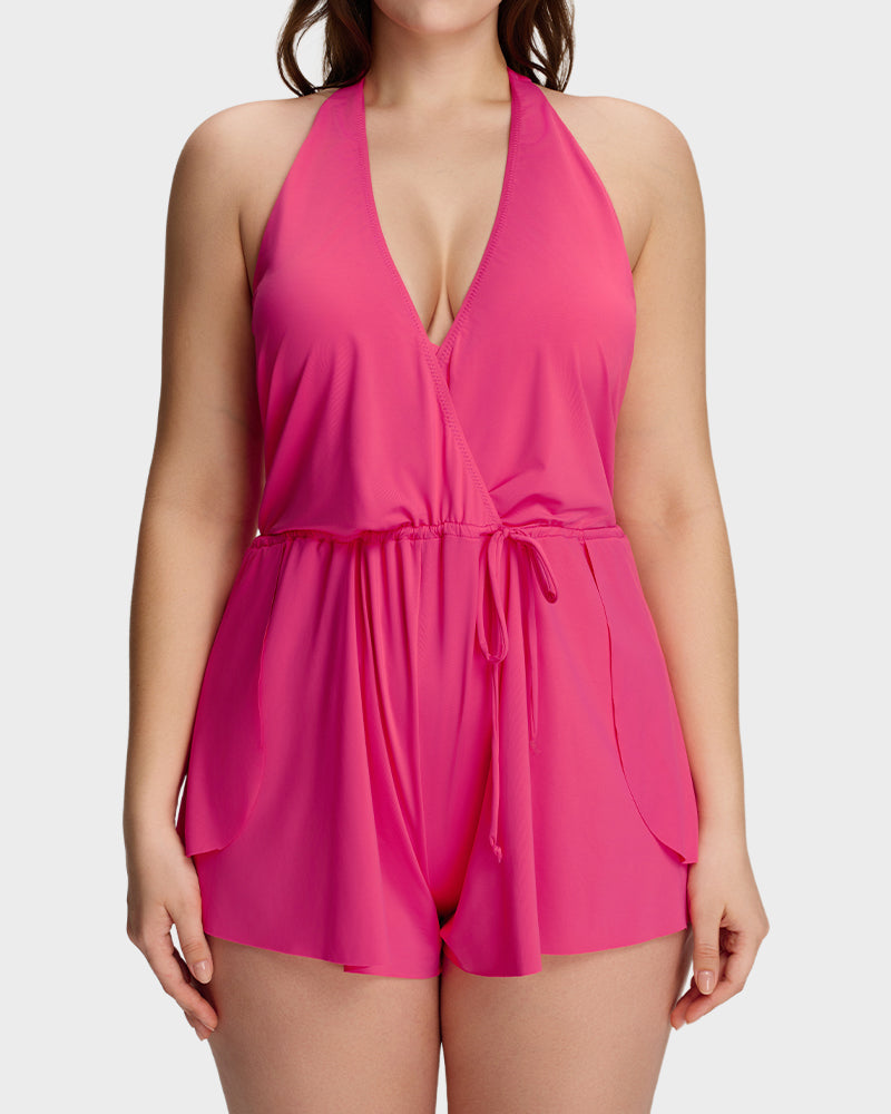LilyCurve SculptFit AirLift Halter V-Neck Swim Romper in PK