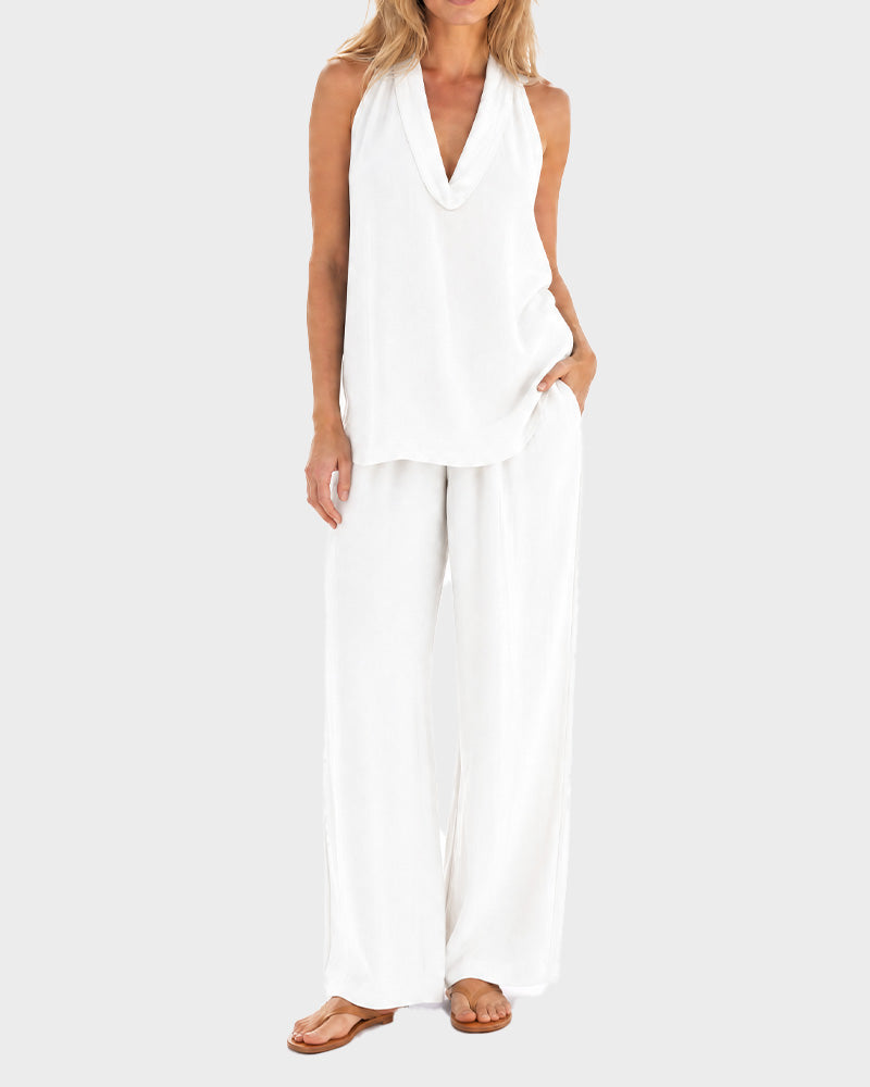 Halter V-Neck Two-Piece Set - White