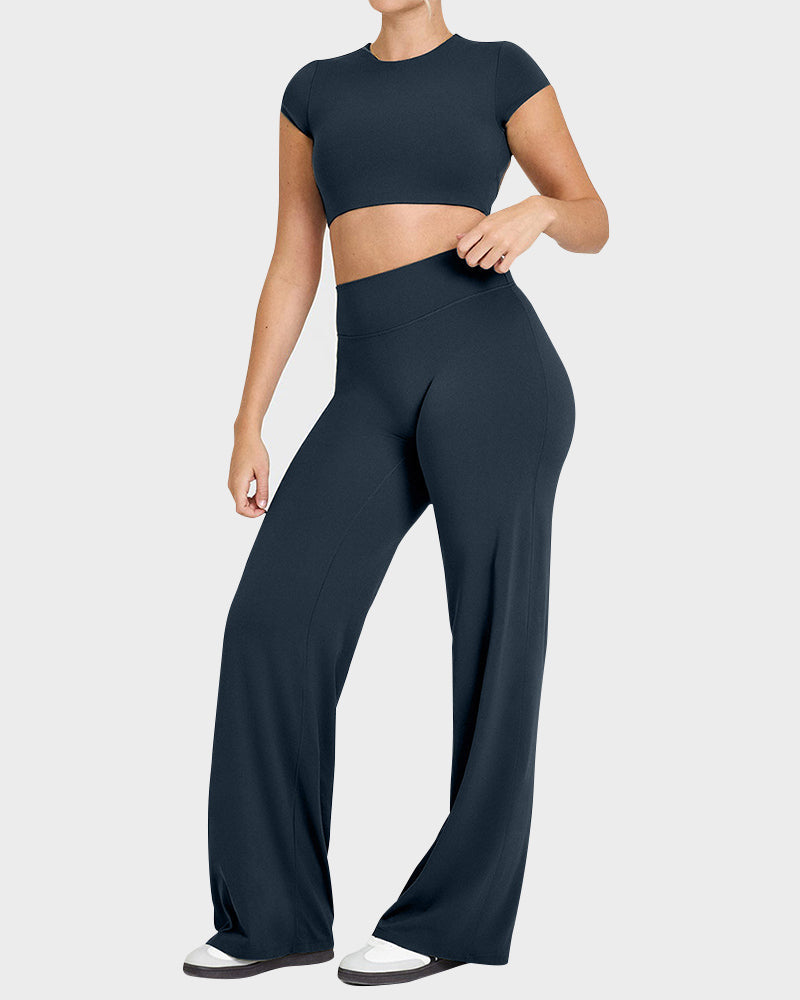 LilyCurve High-Waisted Elastic Wide-Leg Lounge Yoga Pants in BK