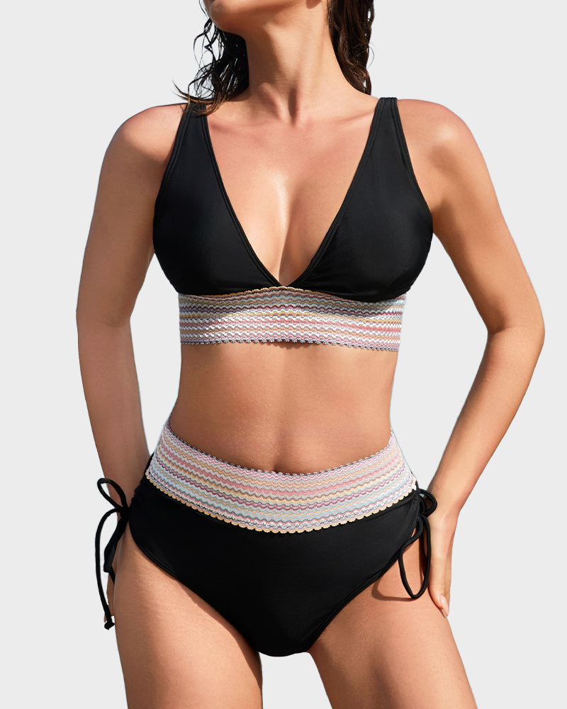 LilyCurve High Waisted Tummy Control Color Block Bikini Sets in GR