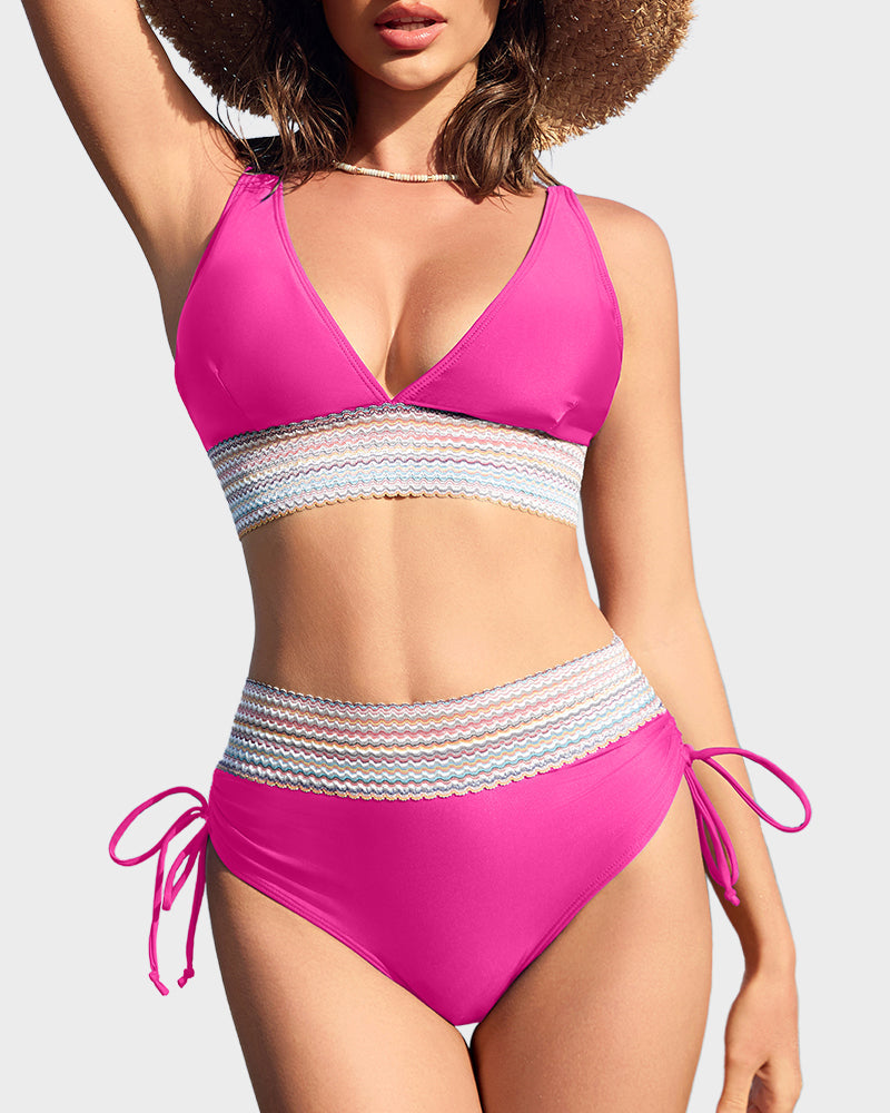 LilyCurve High Waisted Tummy Control Color Block Bikini Sets in PK