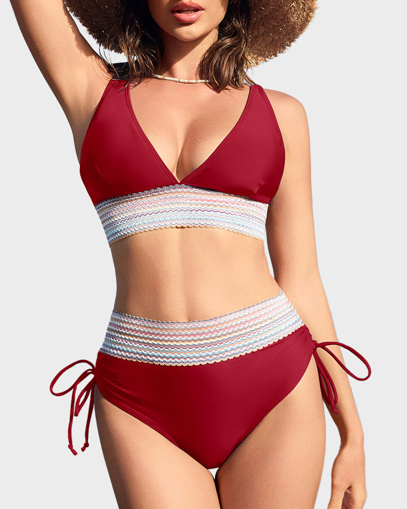LilyCurve High Waisted Tummy Control Color Block Bikini Sets in BK